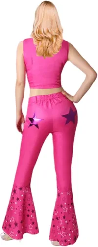 Vista 6 de TODFIY Disfraz de heroína de la película para adultos, vestido rosa, pantalón acampanado rosa, disfraz de Halloween para mujeres y niñas con peluca