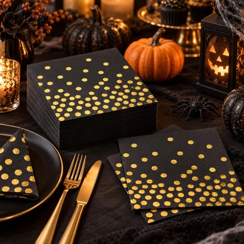 Vista 3 de 100 servilletas de cóctel desechables negras – Servilletas de papel negro y dorado para cumpleaños, boda, aniversario, Año Nuevo, fiesta