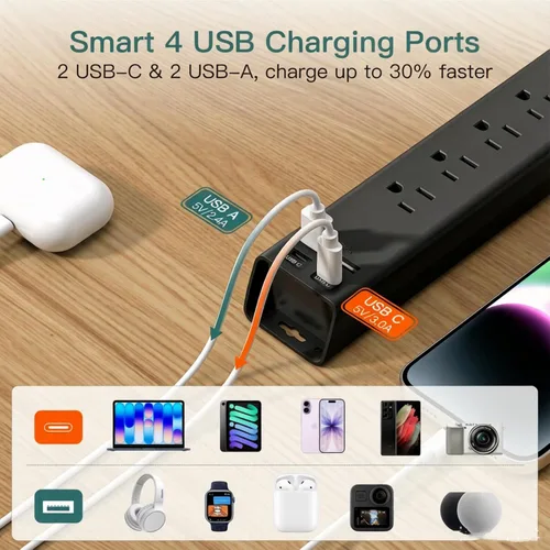 Vista 3 de Addtam Power Strip Surge Protector with 6 AC Outlets 4 USB Ports (2 USB-C), Flat Plug Extension Cord 5ft, Multi Outlet Extender, Wall Mount Desk