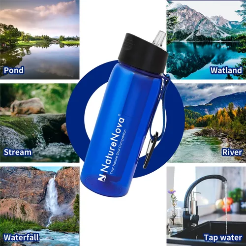 Vista 6 de Botella con filtro de agua con filtro integrado de 4 etapas, sin BPA para camping, senderismo, mochileros, emergencia y viajes, color negro, 22.0 fl