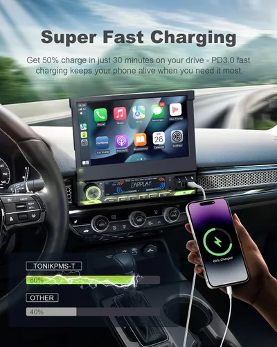 Vista 4 de Estéreo de auto de un solo DIN 2025 con Apple CarPlay y Android Auto - Radio de coche Bluetooth 5.1 de 7 pulgadas con pantalla táctil motorizada