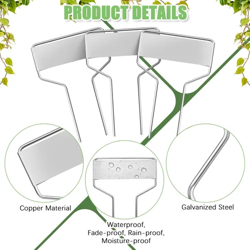 Vista 3 de Moxweyeni 60 etiquetas de metal para jardín, etiquetas impermeables para plantas con 2 bolígrafos permanentes, etiquetas reutilizables para plantas