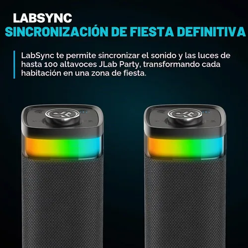 Vista 4 de JLab JBuds Party - Altavoz Bluetooth Portátil, 2 Controladores de Rango Completo + 2 Woofers Pasivos, IP56 Resistente al Agua, 12 Horas de Negro