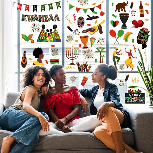 Vista 6 de Qeeenar 101 calcomanías Kwanzaa para ventana, calcomanías de vinilo para decoración de pared, calcomanías de vinilo Kinara, velas afroamericanas