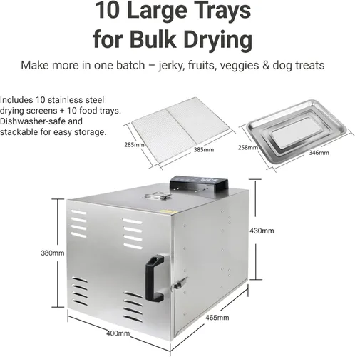 Vista 3 de 10-Layer Stainless Steel Food Dehydrator, 800W Electric Fruit Dryer with 86°F-194°F Temp & 24H Timer, Large Capacity for Beef Jerky, Vegetables