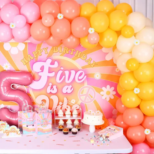 Vista 2 de Cheereveal Five Groovy - Kit de arco de guirnalda de globos de 5º cumpleaños, pancarta número 5, globo de aluminio hippie retro disco suministros
