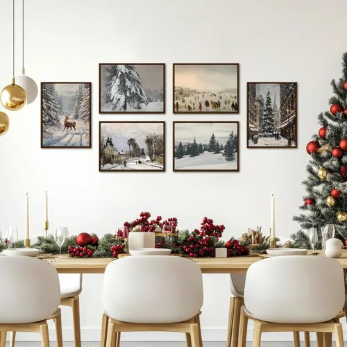 Vista 5 de Hwetui Juego de 6 Pósteres de Arte de Pared de Lienzo Navideño Vintage, Cuadros de Reno y Árbol Invernal Decoración de Pared, Pinturas de Paisajes