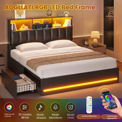 Vista 3 de AOGLLATI - Bastidor de cama tamaño completo con elegante cabecero tipo estantería y estación de carga y luces LED, bastidor de cama tamaño completo