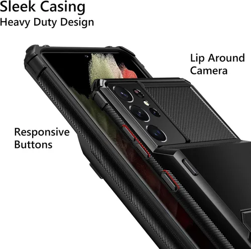 Vista 4 de Vofolen Funda tipo cartera para Galaxy S21 Ultra con 4 tarjetas, tarjetero con ranura para tarjeta de crédito, bolsillo trasero, doble capa, Negro