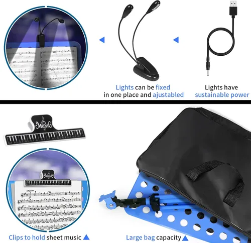 Vista 4 de lotmusic Soporte de música azul, soporte portátil para partituras, soporte de música plegable y ajustable en altura con bolsa, clip de partitura