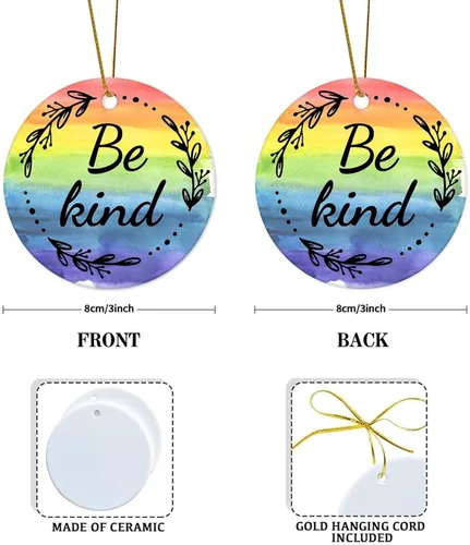 Vista 2 de Be Kind - Adorno colgante de árbol de Navidad con citas inspiradoras del orgullo LGBT para lesbianas, gay, LGBT, regalos de cerámica, colgante