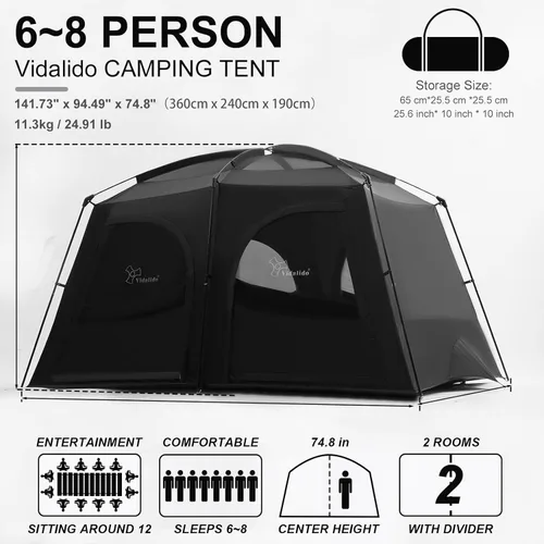 Vista 3 de Vidalido Tiendas de campaña, tienda de 6-8 personas para acampar con vestíbulo extendido, tiendas familiares de 2 habitaciones resistentes al clima