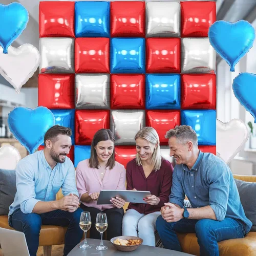 Vista 6 de Globos de aluminio cuadrados rojos, azules y plateados, kit de 25 globos de doble cara para fondo, túnel de helio, arco, guirnalda para el 4 de Rojo