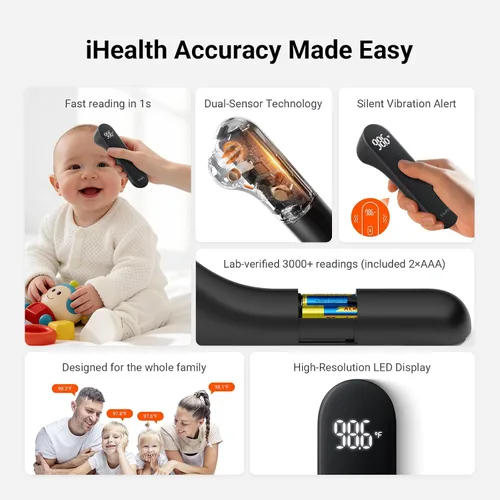 Vista 6 de iHealth Termómetro digital sin contacto para la frente para adultos, bebés, niños, 3 sensores ultra sensibles, retroalimentación de vibración Negro