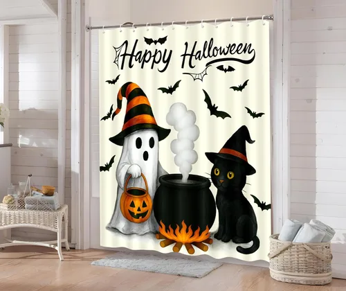 Vista 7 de Tieshankao Decoración de baño de Halloween, cortina de ducha de calabaza fantasma, gato, decoración espeluznante con 12 ganchos de 72 x 72 pulgadas