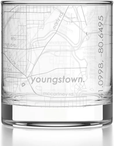Vista 72 de Well Told Vaso de rocas grabado con mapa de Akron, Ohio, cristalería estilo antiguo (325ml, transparente) Vaso de bourbon grabado, regalos