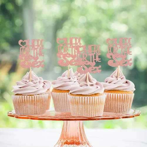 Vista 7 de Ercadio Paquete de 24 adornos para cupcakes sexuales, color oro rosa, con purpurina para cupcakes sexuales, para revelación de género, para baby