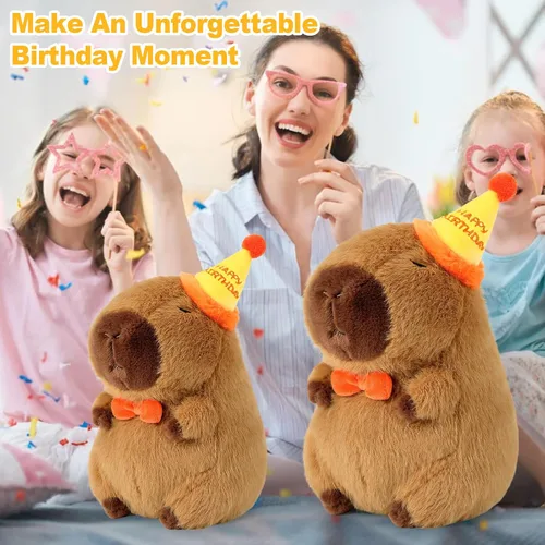 Vista 3 de Ditucu Lindo Peluche de Capibara con Sombrero de Cumpleaños Feliz y Lazo, Animal de Peluche Suave, Juguetes de Peluche para Niños, Decoración