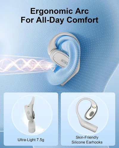 Vista 3 de Auriculares de oreja abierta, auriculares inalámbricos Bluetooth con 2 micrófonos, control táctil, cancelación de ruido ENC, auriculares deportivos