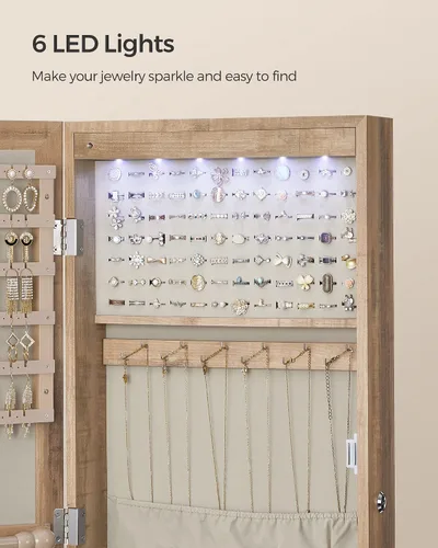 Vista 7 de SONGMICS Armario de joyería con espejo de 6 LED, 47.2 pulgadas de alto con cerradura para pared o puerta, organizador de joyas con espejo, 2