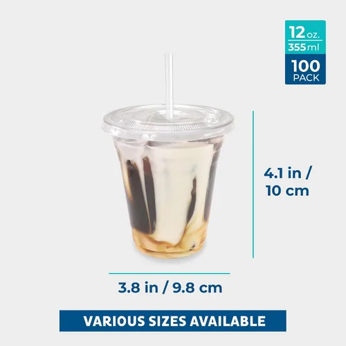 Vista 3 de Freshware Vasos de plástico desechables transparentes de 12 onzas con tapas planas y popotes, paquete de 100 vasos de plástico transparente, vasos