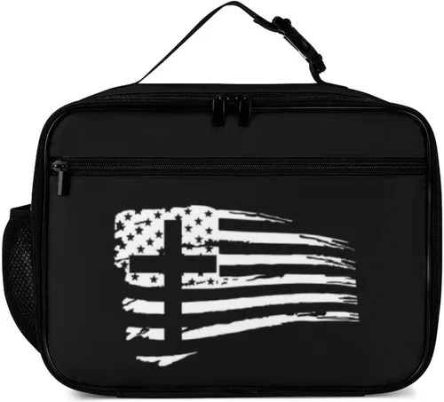 Vista 2 de Lonchera reutilizable con diseño de cruz de la bandera estadounidense, bolsa de almuerzo aislada, lonchera para comida y alimentos, bolsa de mano