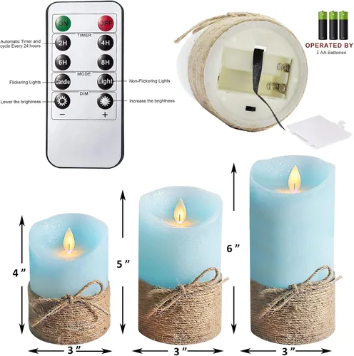 Vista 3 de Velas sin llama azul océano, velas LED de pilar con control remoto y temporizador, velas decorativas parpadeantes para regalos, fiestas, bodas