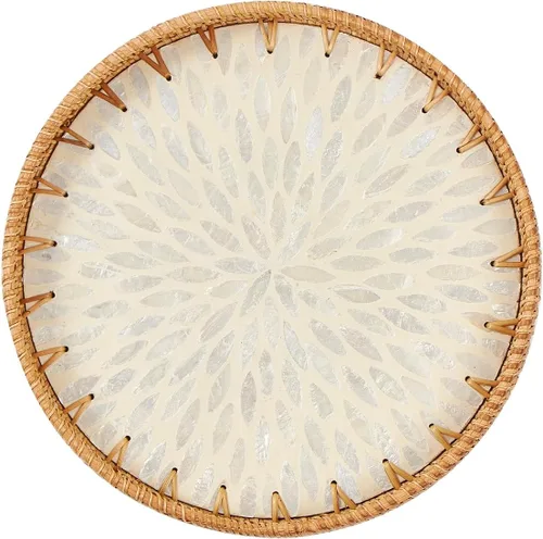 Vista 10 de Kmelep Bandeja redonda de ratán con incrustaciones de madreperla, bandeja de ratán con base de madera, cesta decorativa de mimbre para decoración