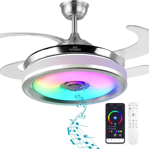Vista 13 de BAYSQUIRREL Ventilador de techo retráctil de cristal con luz, ventiladores de techo Bluetooth con altavoz y control remoto/APP, 6 velocidades, aspas