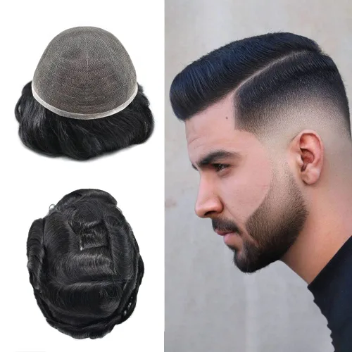 Vista 106 de PUNRU HAIR Completo Swiss Lace Toupee para hombres Sistema de cabello humano real Sistema de reemplazo de cabello humano para hombre Toupee