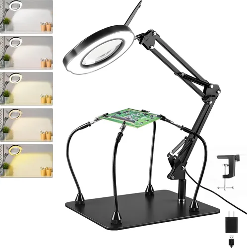 Vista 11 de Lupa grande de 10 veces con luz y soporte, lámpara de escritorio LED con abrazadera, 5 modos de color, 10 niveles regulables, manos libres para Negro