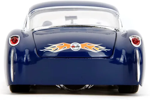 Vista 4 de Jada Big Time Muscle 1:24 1957 Chevrolet Corvette - Auto fundido a presión, juguetes para niños y adultos (azul oscuro/llamas)