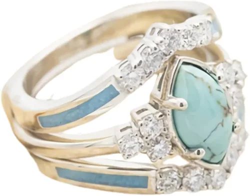 Vista 4 de Pingyongchang Juego de 3 anillos de diamantes turquesa natural, anillos de color plateado para mujer, joyería brillante con piedras preciosas