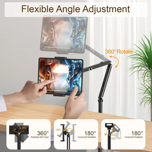 Vista 2 de Houele Soporte de Piso para Tableta con Bandeja Extraíble, Soporte de Piso para iPad para Cama, Soporte de Tableta de Altura Ajustable Porta iPad