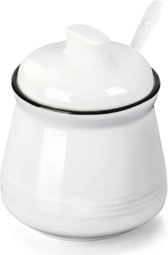 Vista 9 de Tazón de sal de porcelana con tapa y cuchara, azucarero de cerámica de 12 onzas (beige)