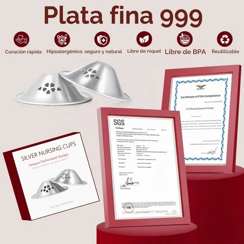 Vista 2 de Copas de lactancia plateadas 999, diseño original perforado transpirable, cubiertas plateadas elegibles para pezones FSA y HSA para lactancia