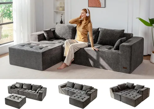 Vista 10 de MAXYOYO - Sofá modular modular en forma de L, sofá de nube sin hueso con otomana flexible, tapizado de felpilla para sala de estar, no requiere Negro