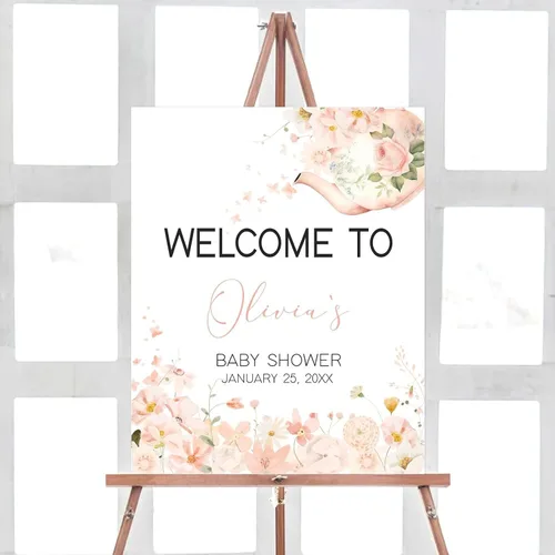 Vista 9 de Letrero de bienvenida personalizado de flores silvestres para baby shower, letrero floral bohemio para baby shower, letrero con nombre personalizado
