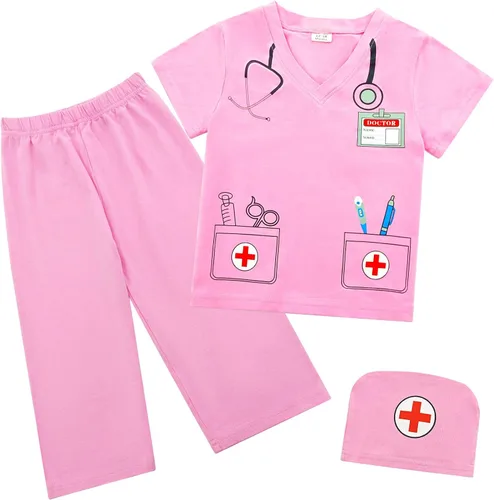 Vista 8 de Toddler Boys Girls Halloween Costume, Cosplay Clothes for Kids, Child Doctor Pirate Role Play T-Shirt Pant Set