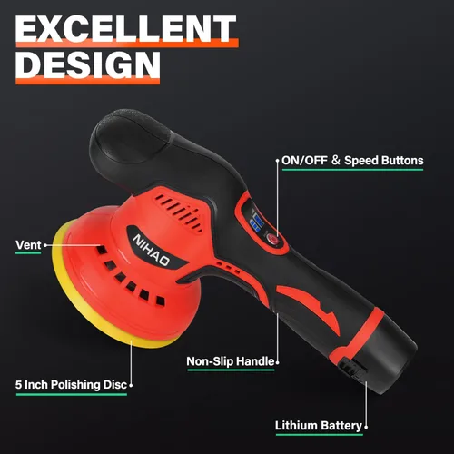 Vista 2 de NIHAO - Pulidor de búfer inalámbrico de 5 pulgadas con 2 baterías recargables de 12 V 2000 mAh y 15 accesorios adicionales, 8 velocidades variables