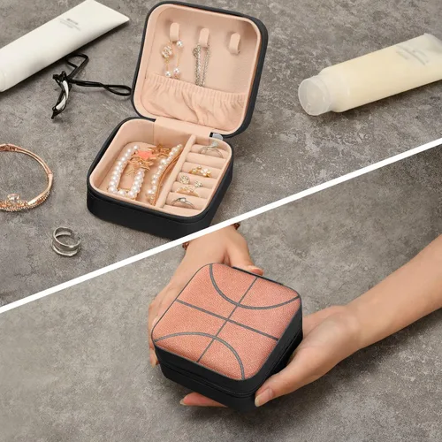 Vista 8 de Caja de joyería pequeña de cuero Caja de joyería portátil de viaje Caja de almacenamiento de baloncesto para anillos, pendientes, collares