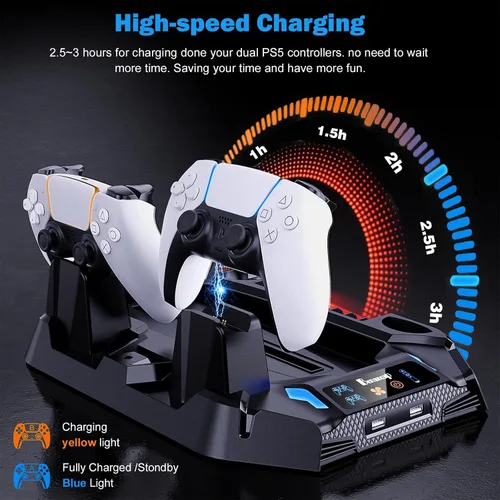 Vista 2 de Soporte para PS5 con 2 estaciones de refrigeración y estación de carga de doble controlador para consola PS5, edición digitaldisco, accesorios