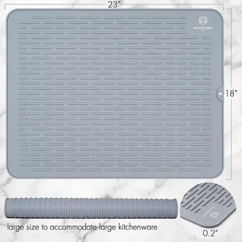 Vista 2 de Tapete de silicona para secar platos para encimera de cocina, extragrande, 23 x 18 pulgadas, resistente al calor, diseño antideslizante, secado Gris