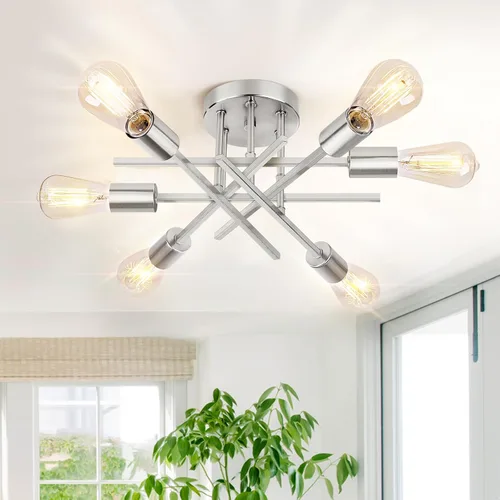 Vista 10 de Lámpara de techo semiempotrada dorada, lámpara de araña industrial moderna Sputnik de 4 luces, lámpara de techo empotrada para cocina, dormitorio