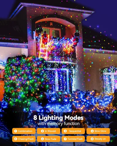 Vista 2 de Blingstar - Luces de Navidad de Cadena de Luces de Color, 33 pies, 100 LED, impermeables, multicolor, luces parpadeantes de 8 modos, 30 V