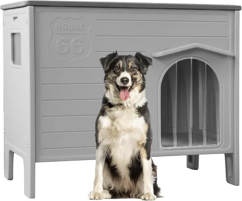 Vista 8 de Casa de perro duradera impermeable de plástico para interiores y exteriores, casa de perro exterior con ventana lateral y piso elevado, fácil