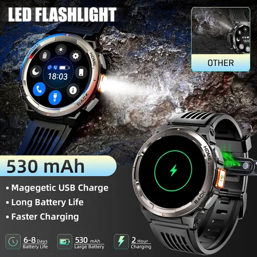 Vista 2 de Reloj inteligente militar para hombre con llamada/linterna LED, 3ATM, resistente al agua, 1.45 pulgadas, HD, resistente, táctico, con brújula