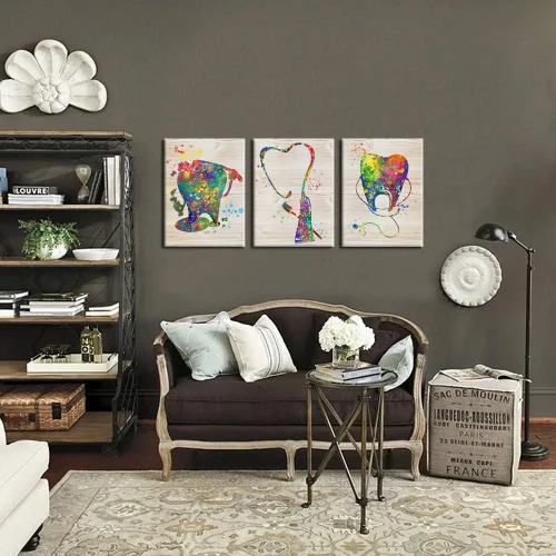 Vista 2 de KREATIVE ARTS Lienzo enmarcado para niños, pintura de acuarela, divertido póster impreso, anatomía de dientes, estomatología, cuadro de pared