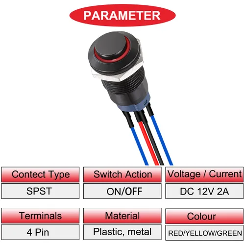 Vista 2 de 6Pcs Interruptor de botón de cierre led de 12mm con carcasa negra y pre-cableado, interruptor de botón a prueba de agua IP65, 1NO 1 normalmente