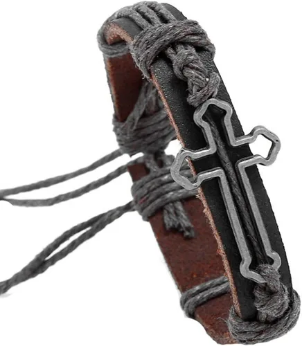Vista 2 de brazalete negro con forma de cruz de cuero genuino para hombre